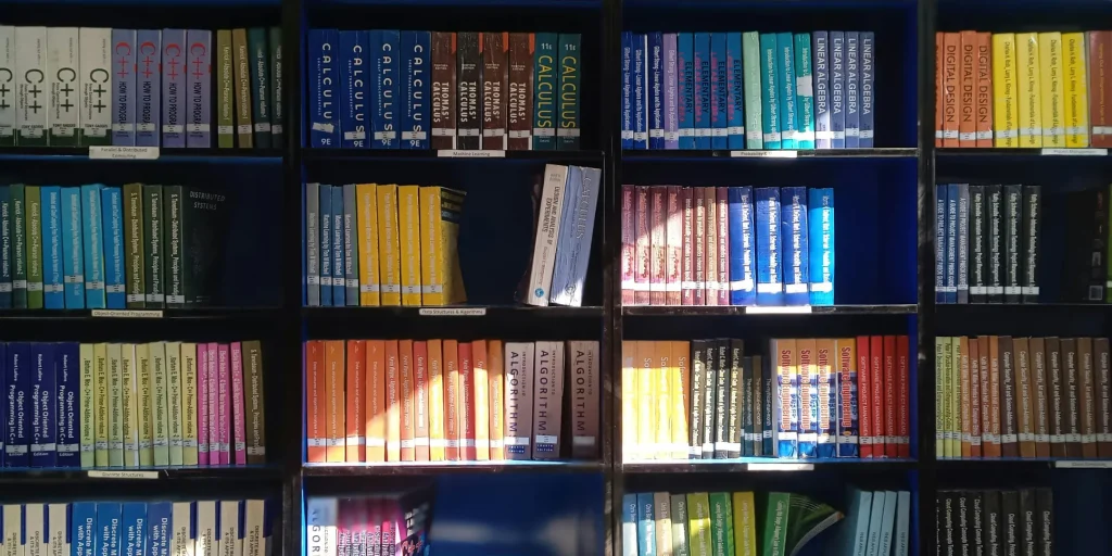 A large bookshelf filled with neatly arranged books in a variety of colors and subjects. The titles visible suggest topics such as programming, mathematics, and design, including areas like C++, calculus, algorithms, and digital design. The books are organized in sections, creating a structured and visually striking display, with soft lighting highlighting parts of the shelves.