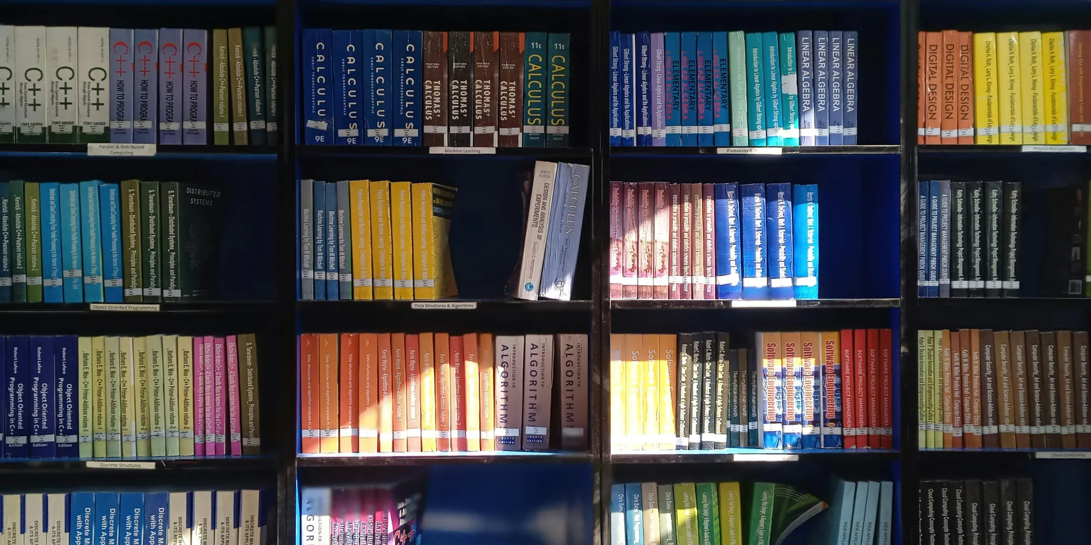 Library shelves filled with colourful mathematics, computing, and digital design textbooks, with sunlight falling across several rows of books.