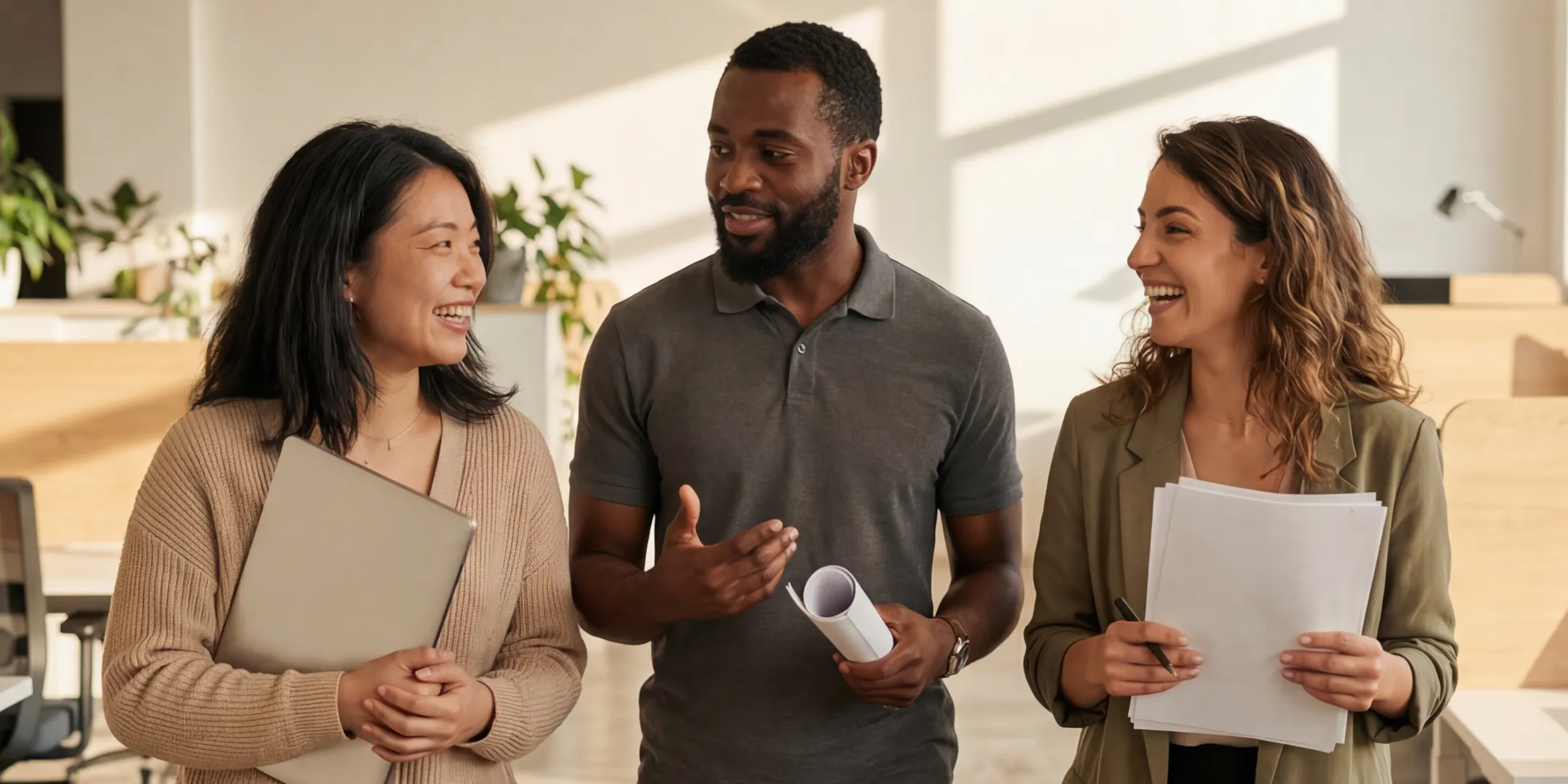 Three colleagues of diverse backgrounds walk through a bright office while talking and smiling, carrying documents and a laptop during a collaborative discussion.
