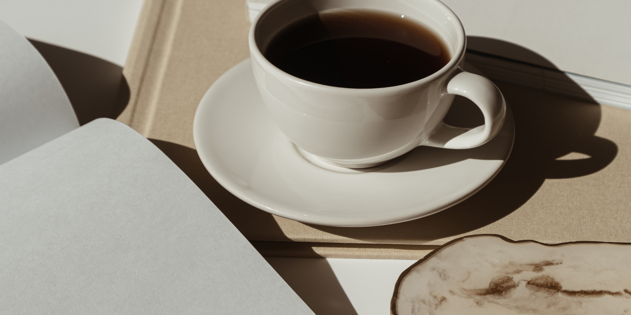 White cup of tea on a saucer beside an open book, illuminated by warm sunlight and strong shadows.
