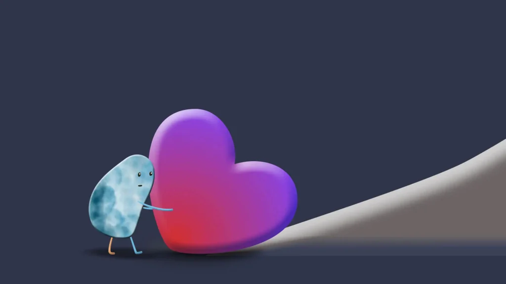 A small blue cartoon character hugs a large purple heart against a dark background.