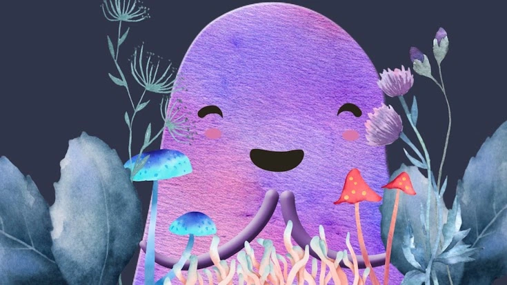 A smiling purple cartoon character sits among colourful mushrooms, flowers, and leafy plants.