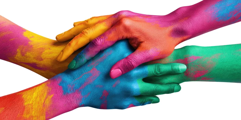 Hands painted in bright blue, green, orange, pink, and yellow are stacked together, symbolising unity, collaboration, and inclusion.