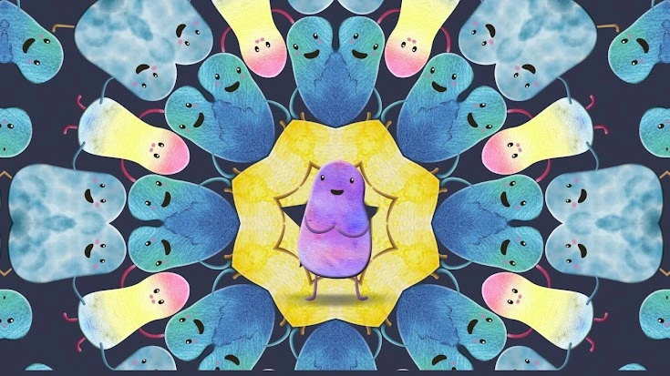 A purple cartoon character stands at the centre of a colourful circular pattern made of many expressive cartoon characters.