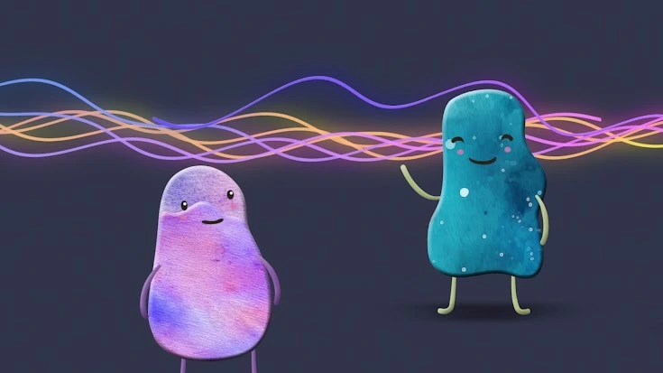 Two smiling cartoon characters face each other while colourful wavy lines flow between them, representing communication or connection.
