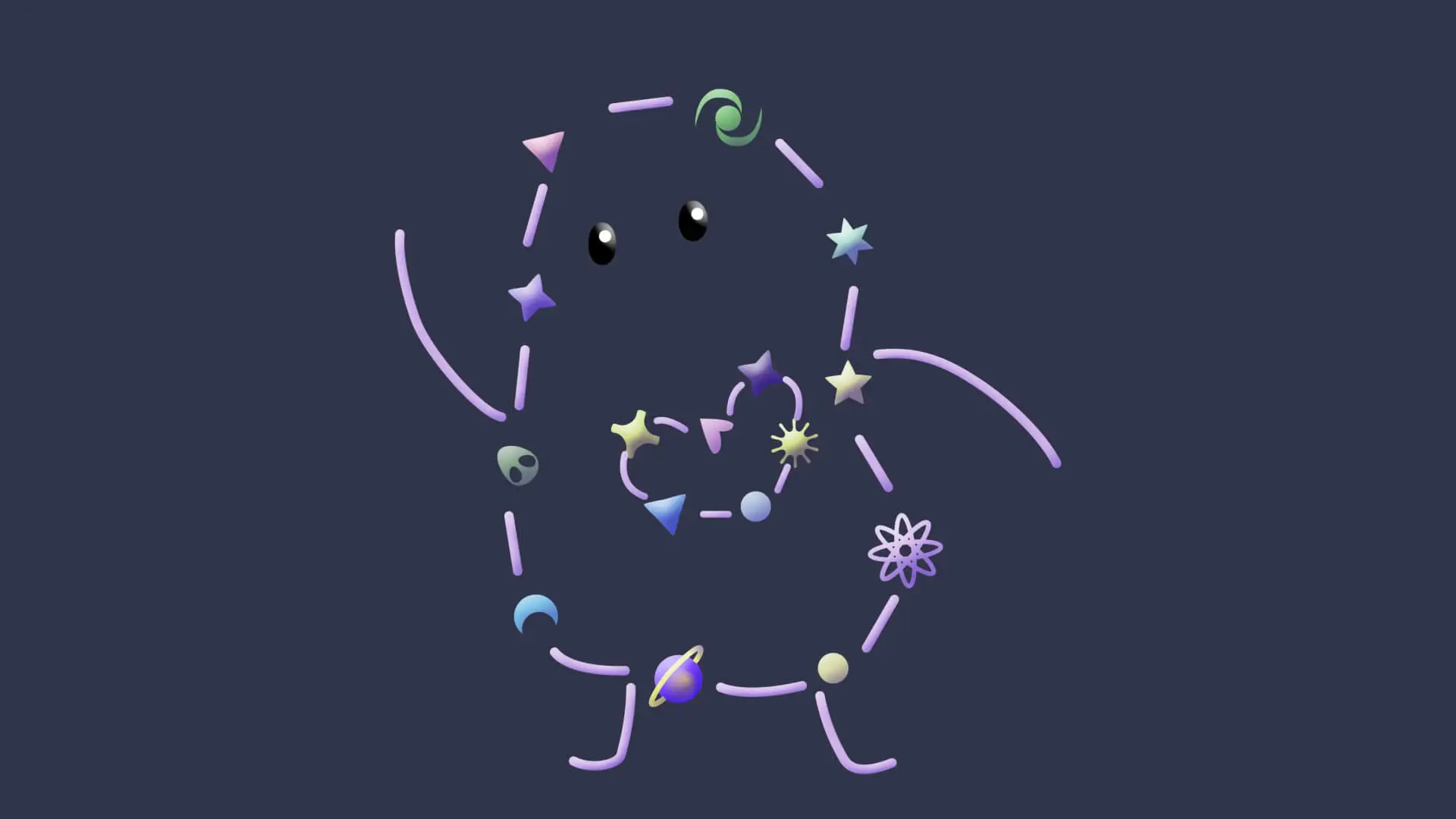 Playful abstract character outlined in purple, decorated with colourful stars, planets, shapes and science-inspired symbols on a dark background.
