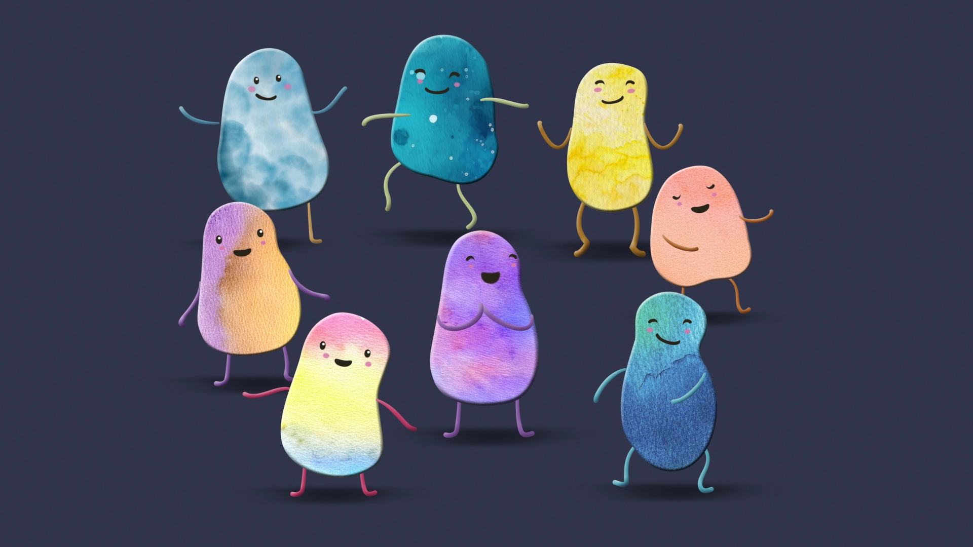 Eight colourful, smiling abstract characters in different shapes and poses against a dark background.