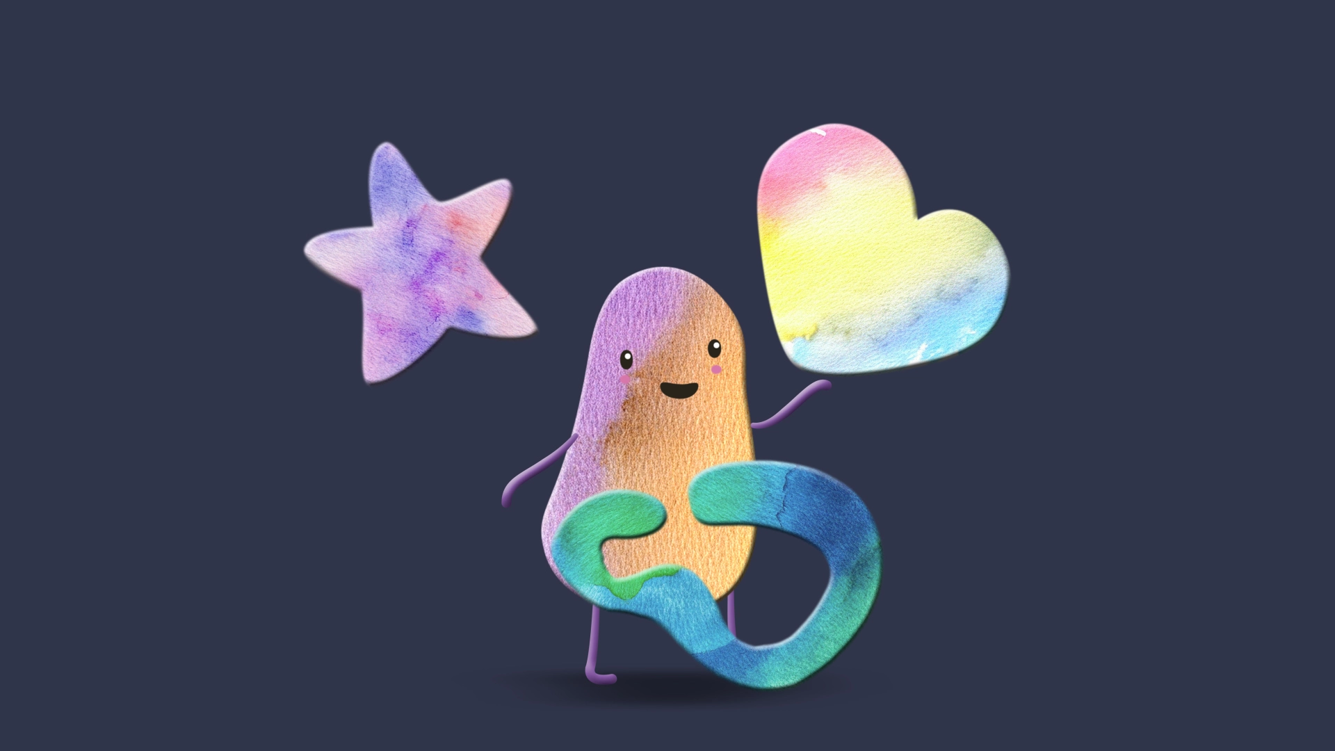 Colourful smiling abstract character surrounded by a pastel star, heart and infinity symbol on a dark background.